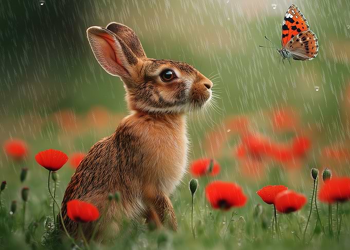 Rabbit in Rain with Butterfly in Field of Poppies