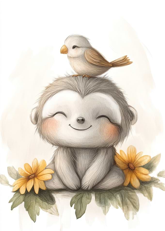 Cute Sloth with Bird