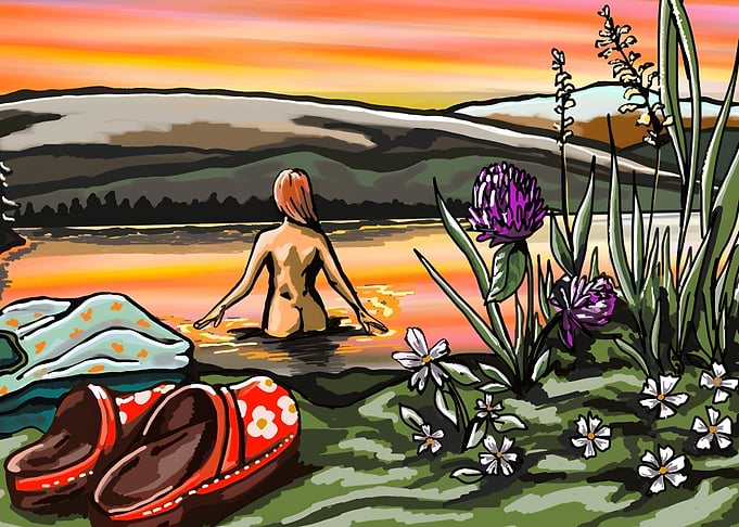 Woman Bathing in Sunset Lake