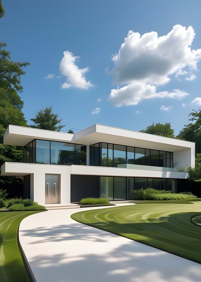 Modern White House with Curved Driveway