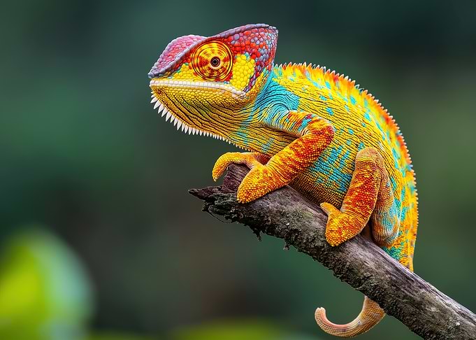 Colorful Chameleon on Branch Macro Nature