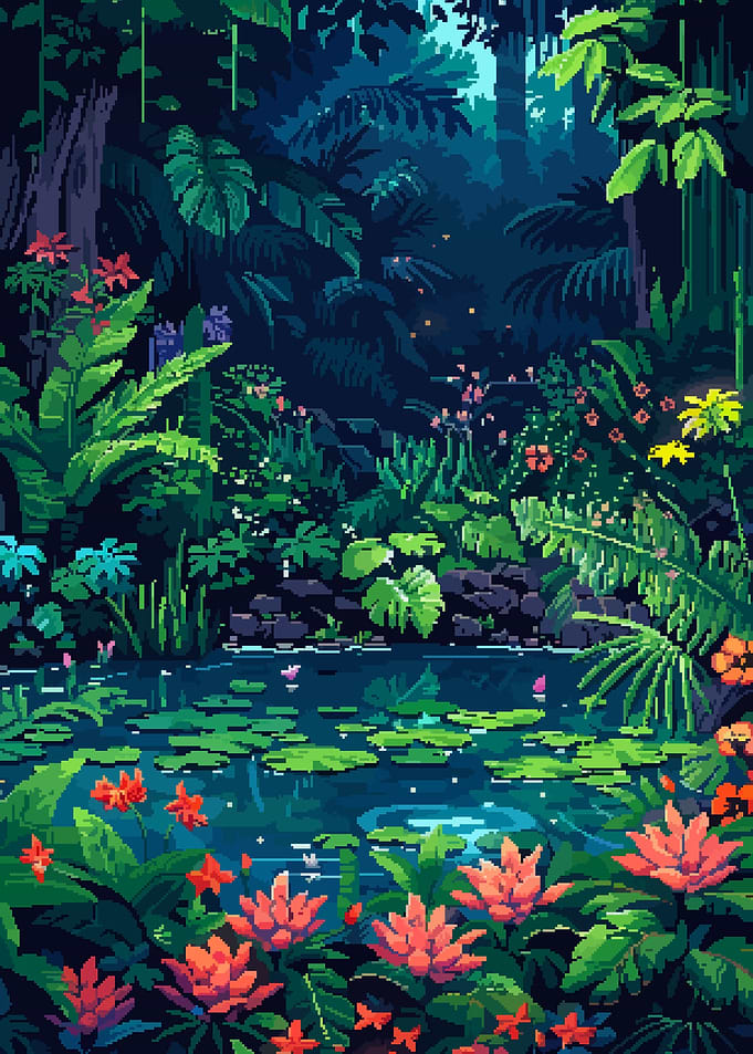 Retro Fantasy Jungle Pond Pixel Art