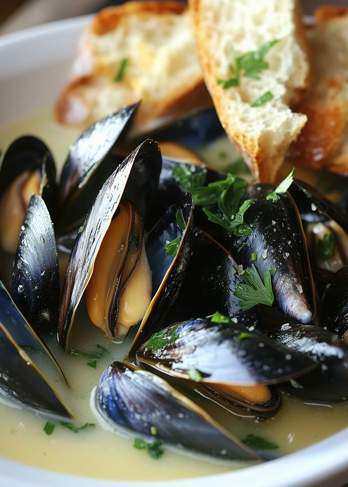 Mussels with Garlic Bread