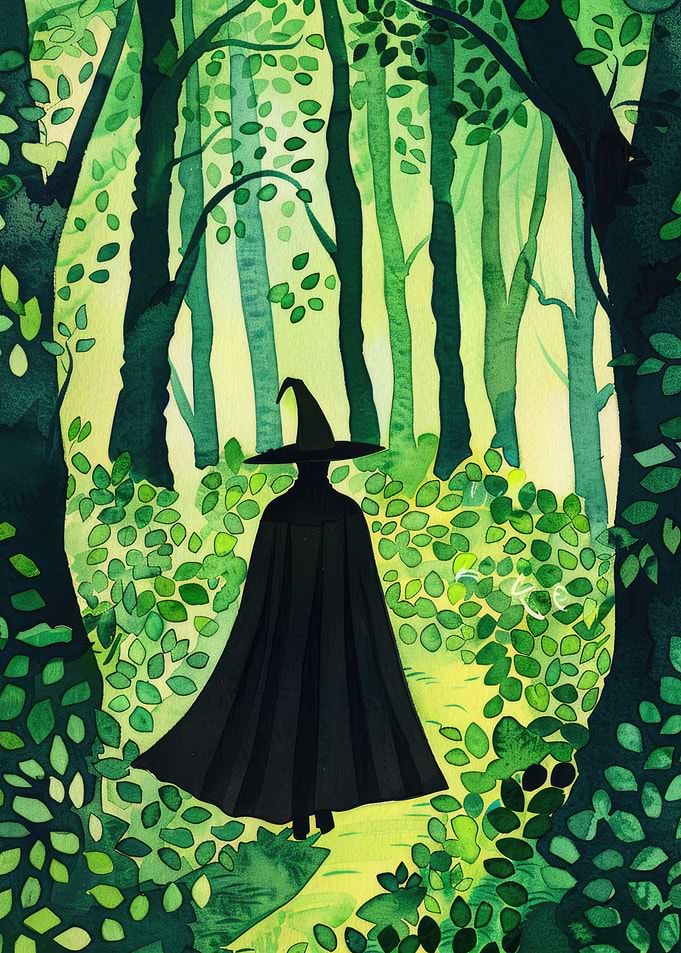 Witch in the Woods Watercolor Painting