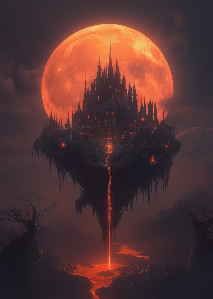 Floating Castle Under Blood Moon
