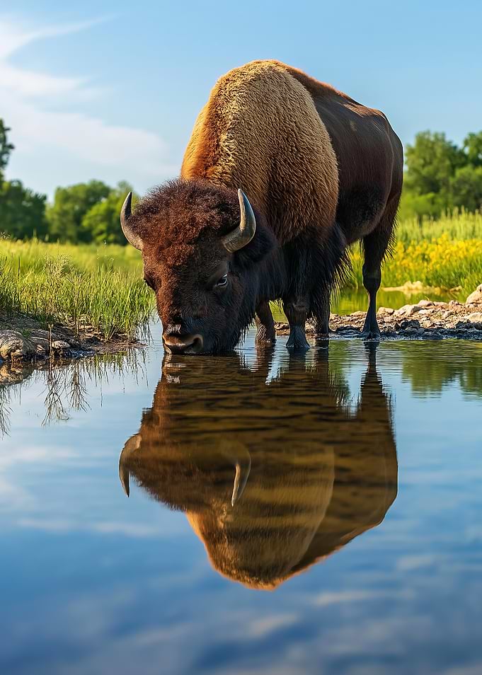 Bison Drinking from Pond Wildlife Photo