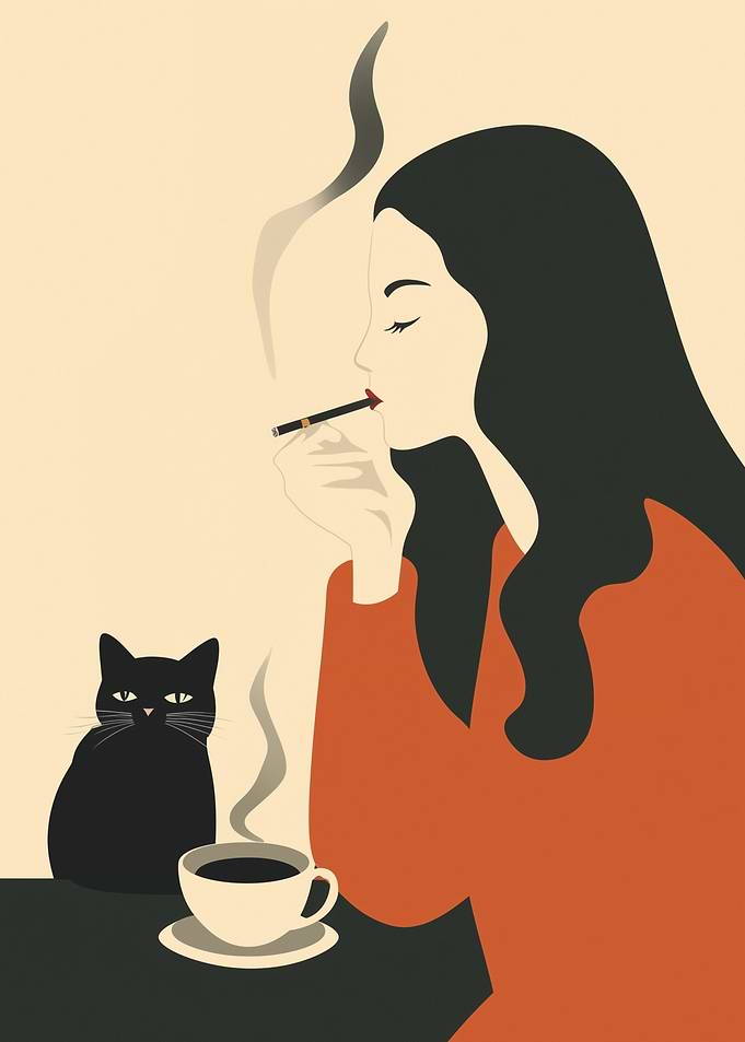 Woman Smoking with Cat