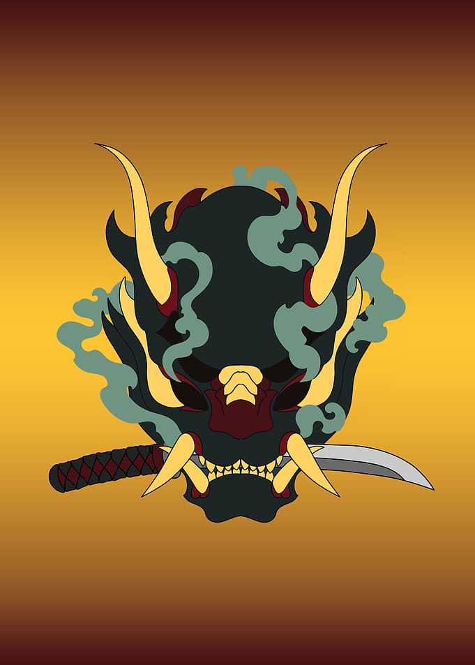 Japanese Oni Mask Demon Mask with Katana