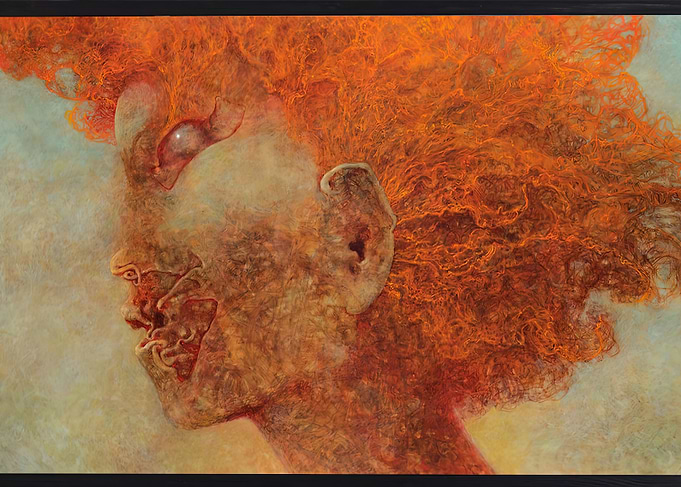 Zdzislaw Beksinsk Surreal Portrait with Fiery Hair
