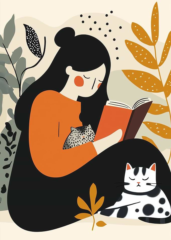 Woman Reading with Cats