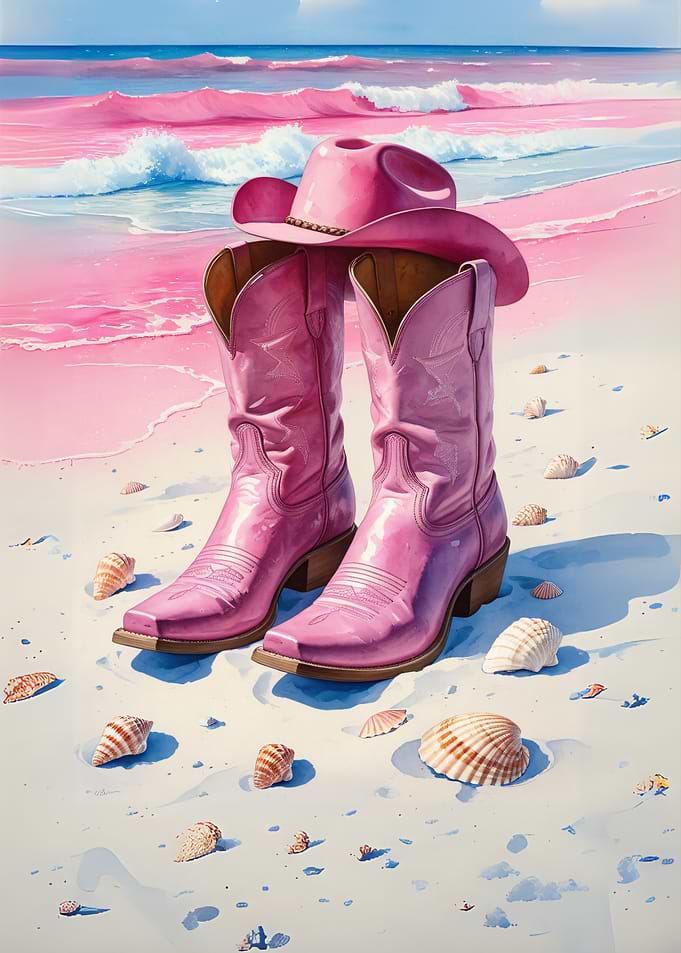 Pink Cowboy Boots Hat on Beach