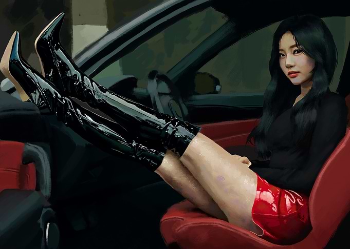 Woman in Red Skirt in Car