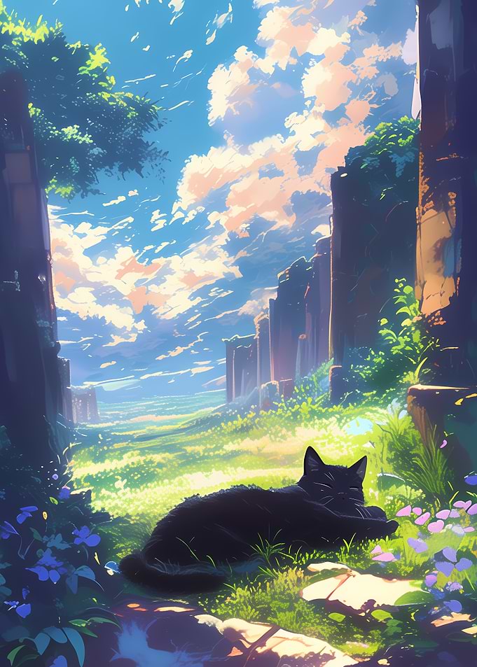 Black Cat in a Dreamy Landscape