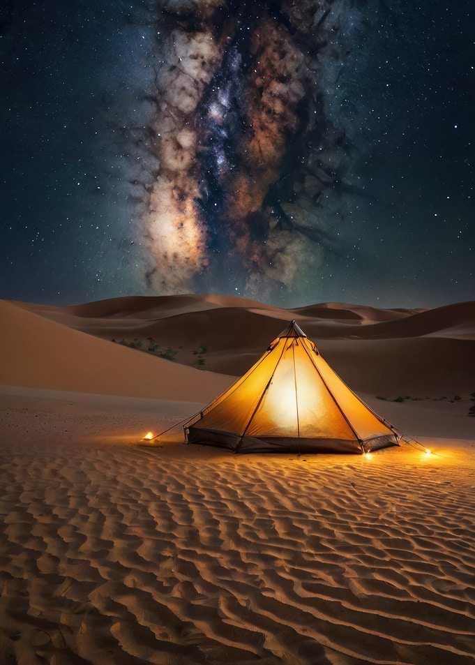 Sahara Desert Morocco under Milky Way and Bedouin Campfire Night Camp