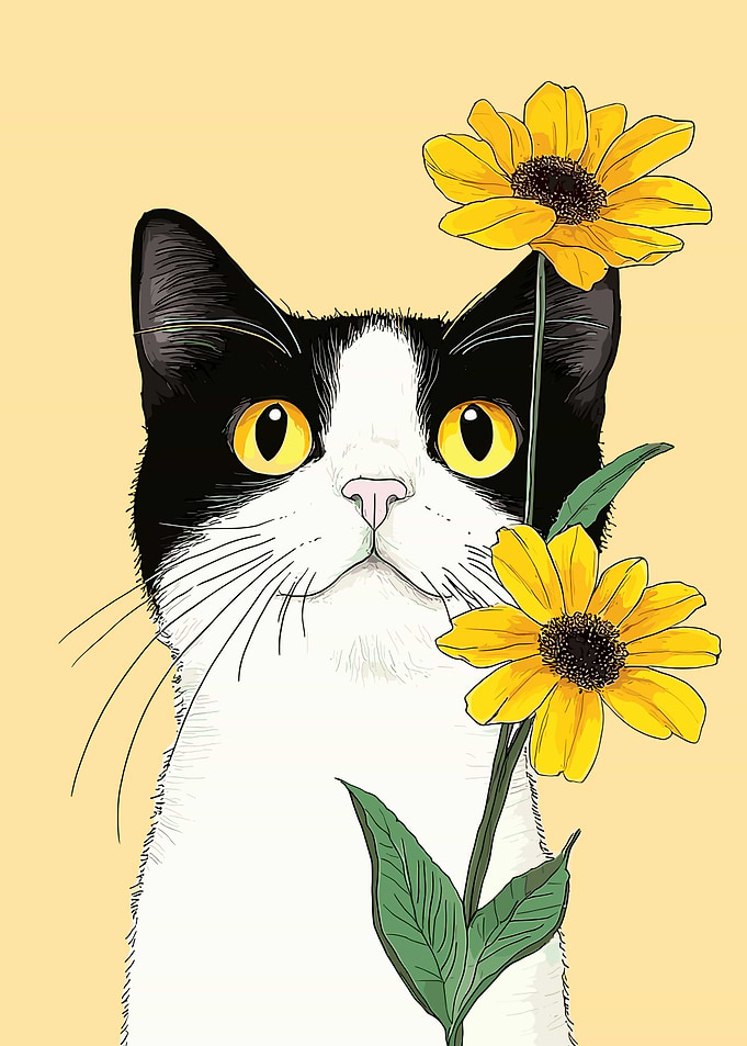 Black and White Cat with Flowers