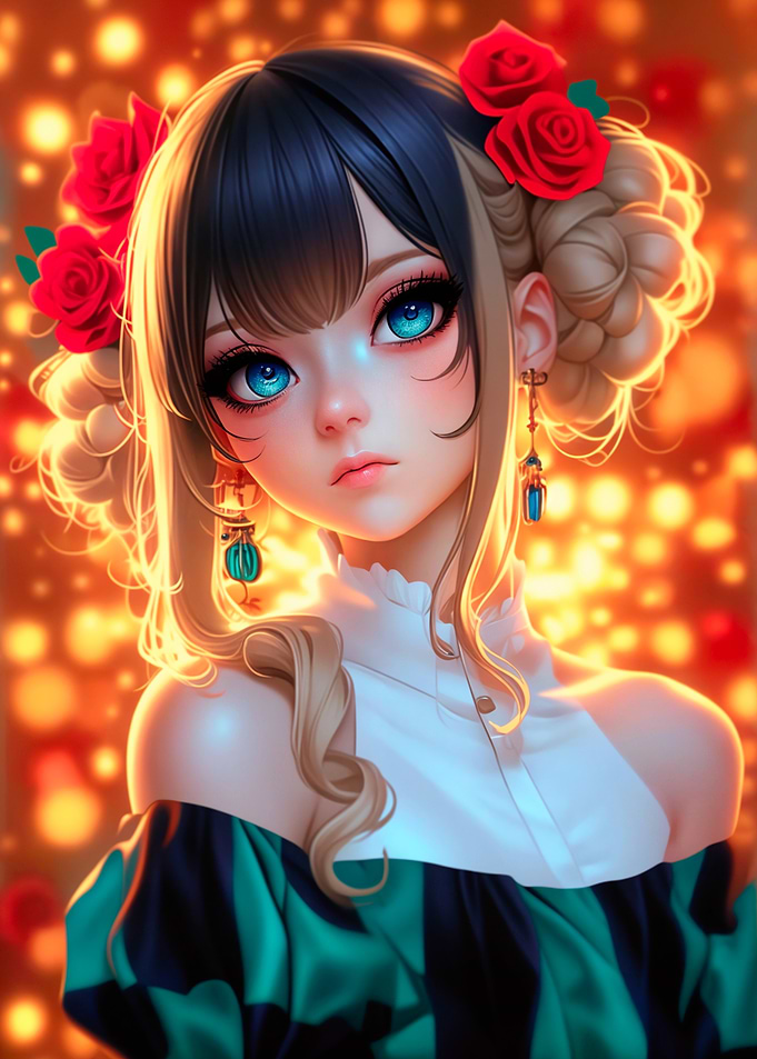 Anime Girl with Red Roses