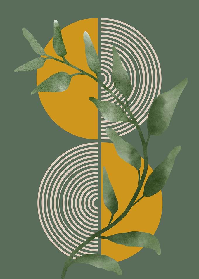 Green Branch with Geometric Shapes
