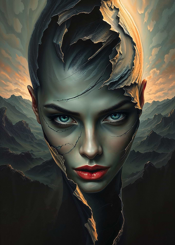Fractured Reality: The Face of Transformation Woman with Mountain Landscape