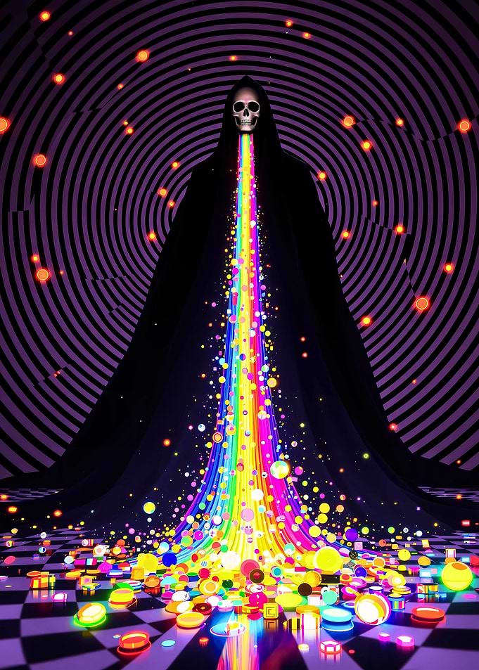 Surreal Rainbow Reaper: Vibrant Chaos in a Dark Realm