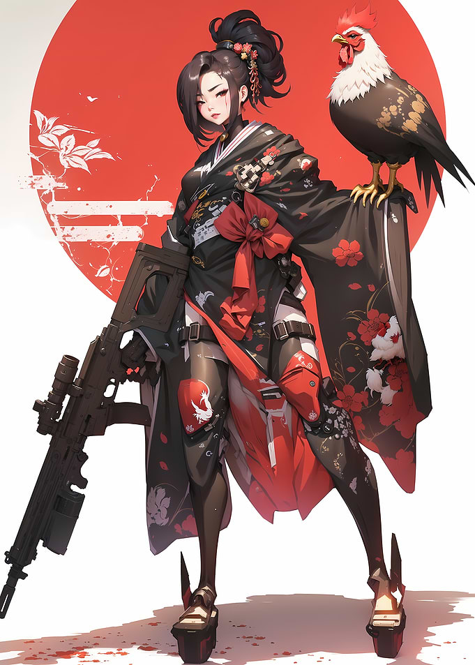 Anime Girl with Rifle and Rooster
