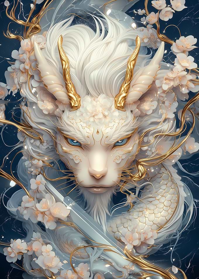White Dragon with Golden Horns