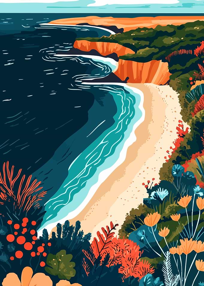 California Coastal Landscape Illustration Art