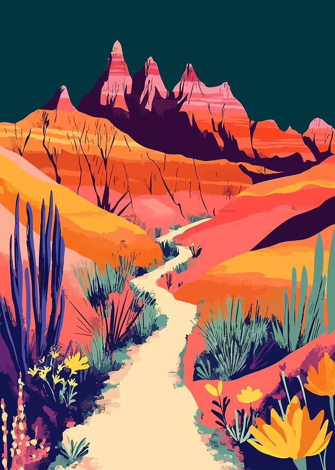 Desert Path with Mountains Minimalist Nature Art