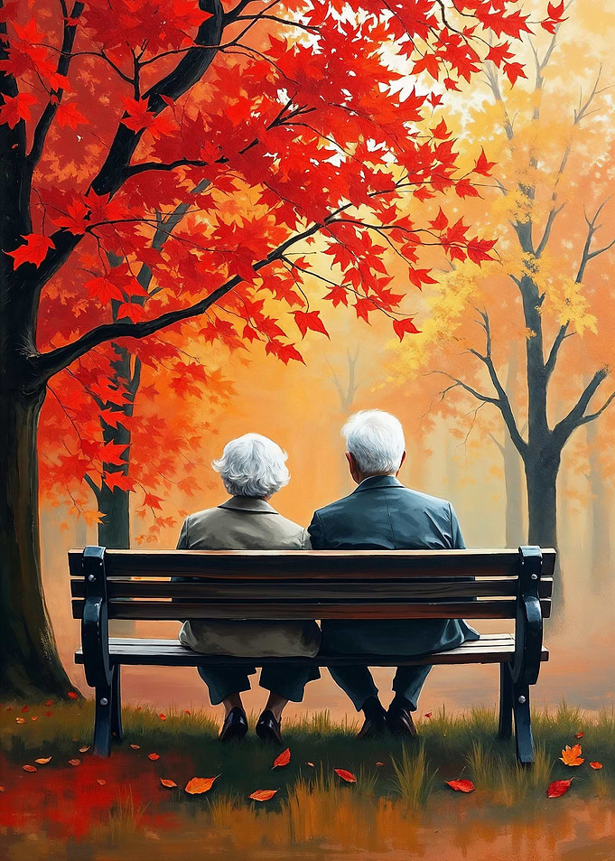 A Seat for Two: A Story of Us | Autumn Embrace: A Lifetime Together | Couple, Love, Growing old together, Wedding anniversary