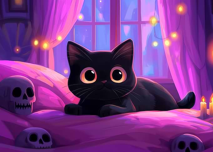 Black Cat on Purple Bed
