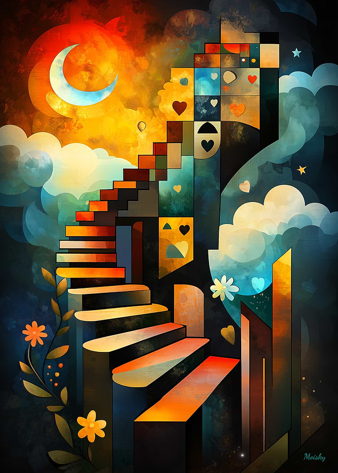 Modern Cubism Stairway Poster – Abstract Geometric Dreamscape Art