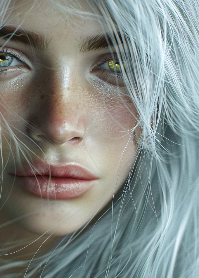 Mystical close-up portrait of a woman with silver hair, glowing eyes