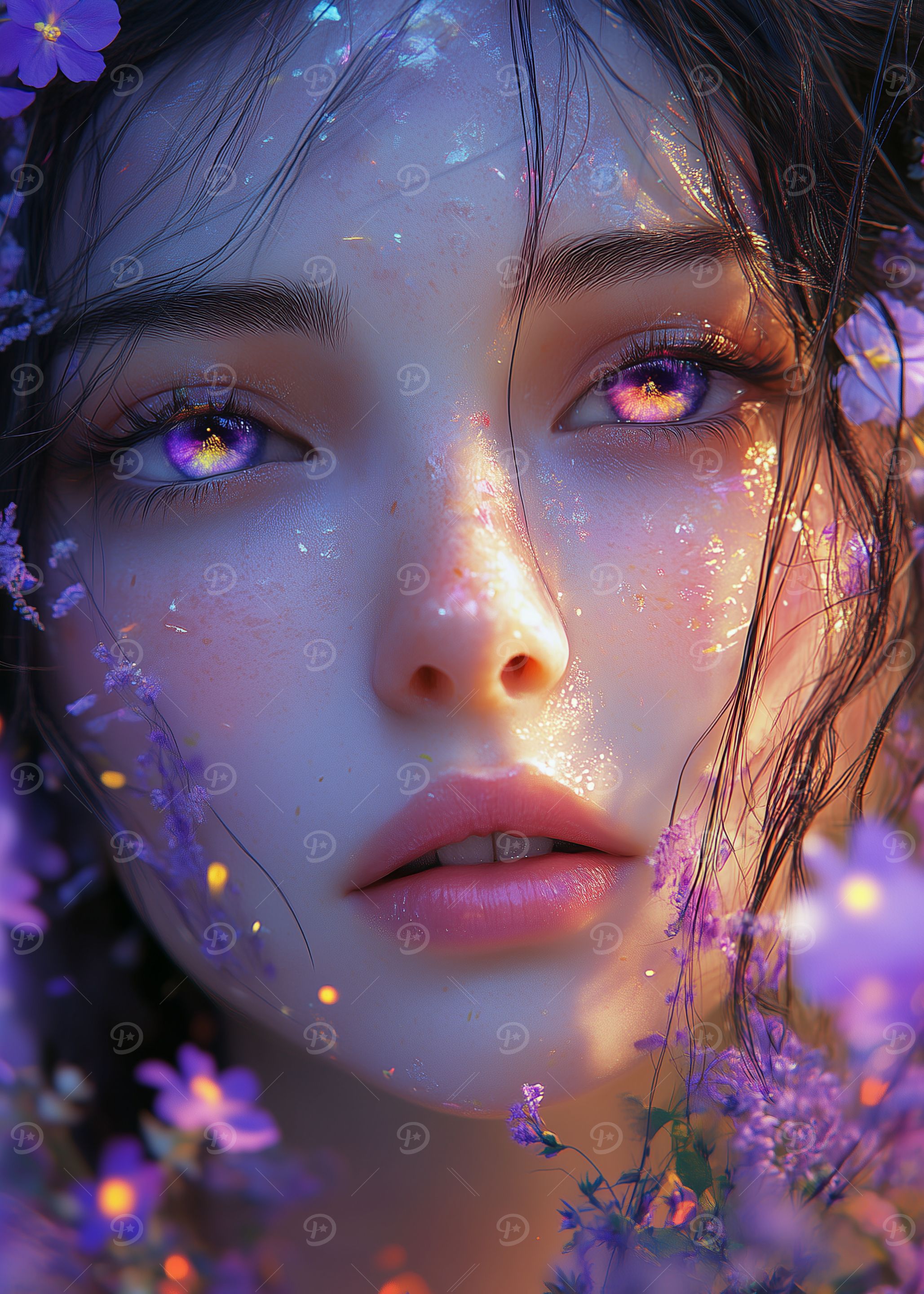 Purple-Eyed Woman in Flowers