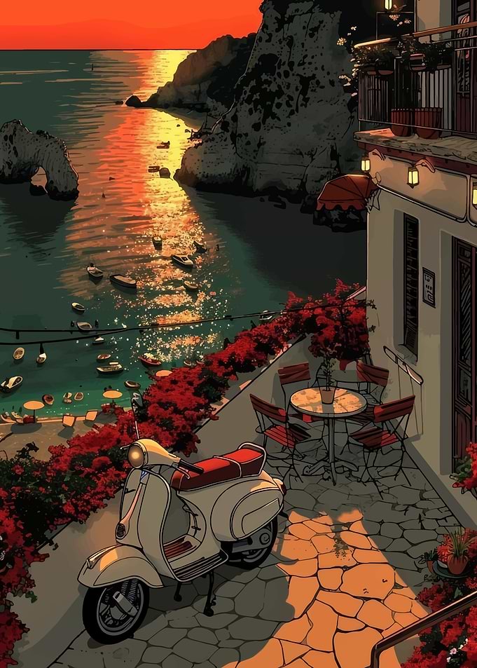 Sunset Amalfi Coast with Scooter
