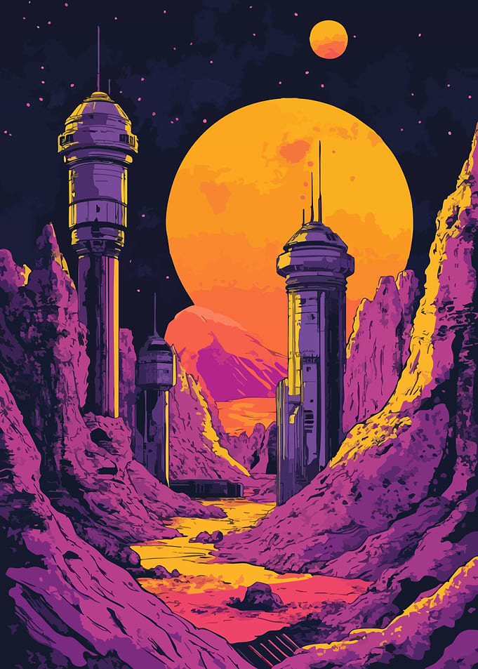 Retro Sci-Fi Cityscape Minimalist Illustration Art