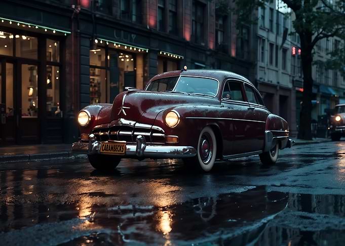 Vintage Car in City Rain