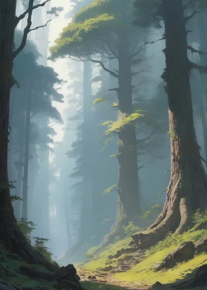 Anime Lo-Fi Landscape of Misty Forest Path