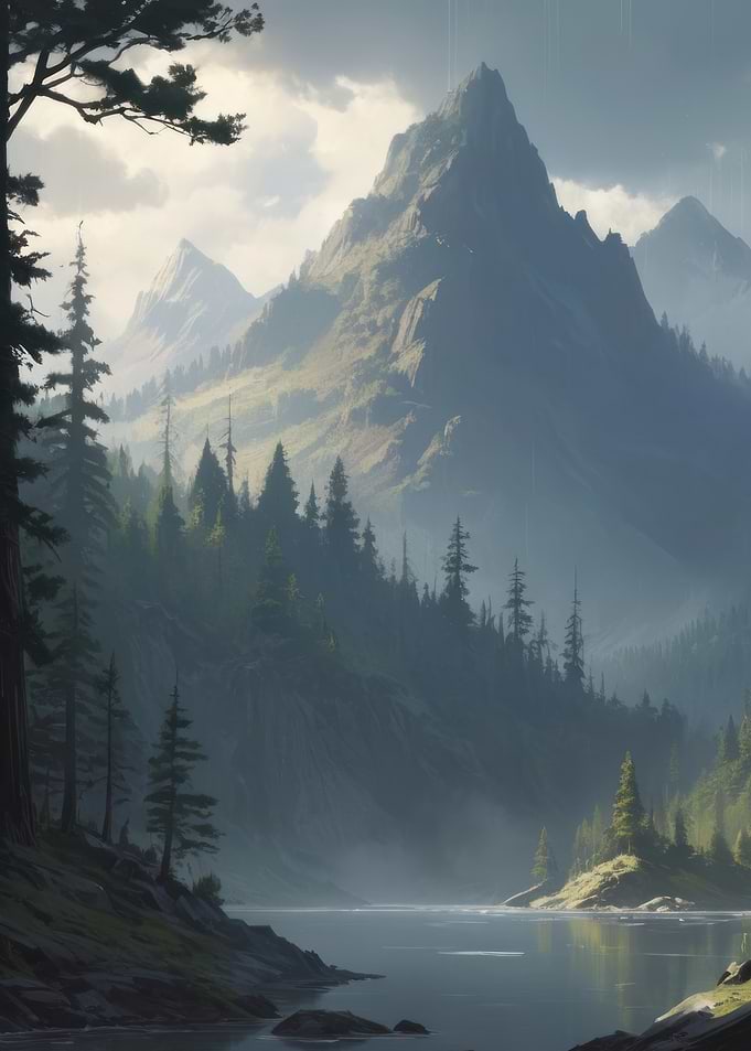 Anime Lo-Fi Landscape of Misty Mountain Lake