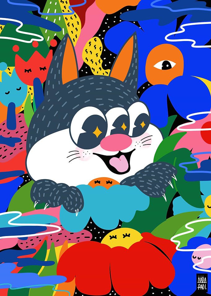 Smiling Cat in Flower Garden