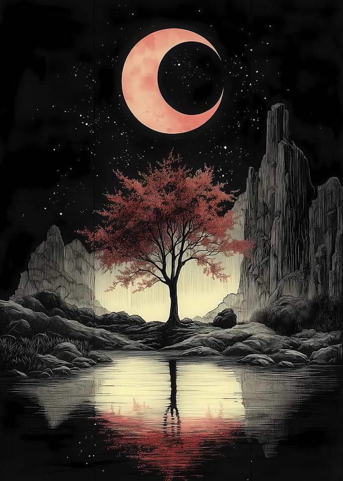 Night Sky with Red Moon Japanese Landscape