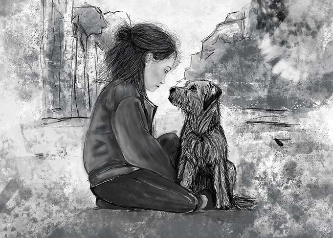 Stop War! ~ Girl and Dog in Black and White