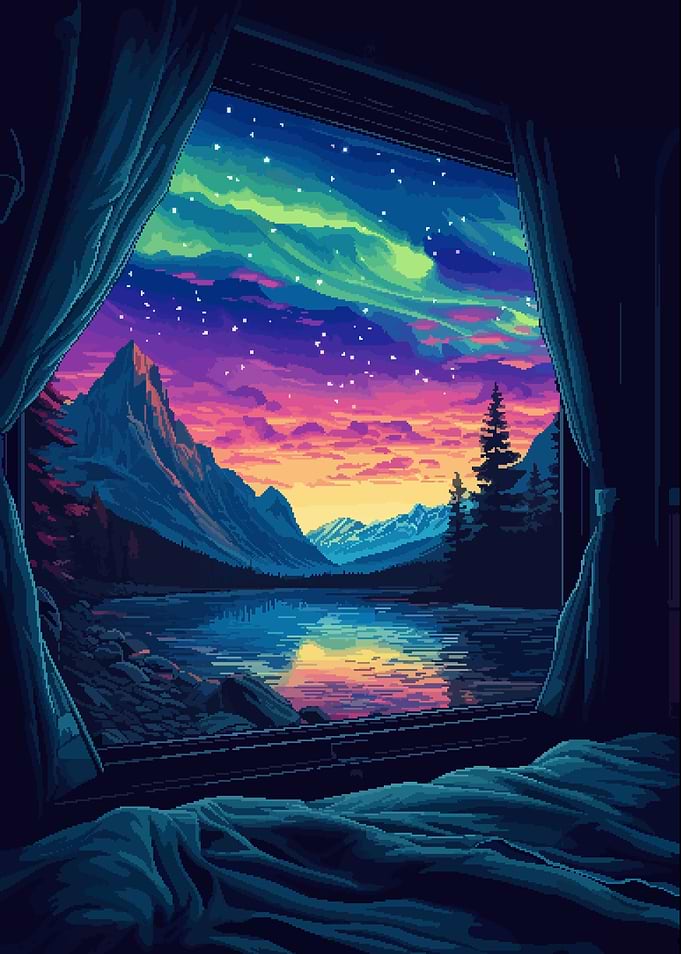 Retro Pixel Art Aurora Mountain Lake Camping View