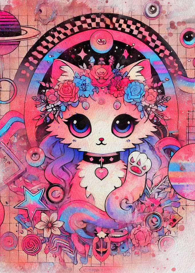 Cute Cat Pink floral Decorative Background Art