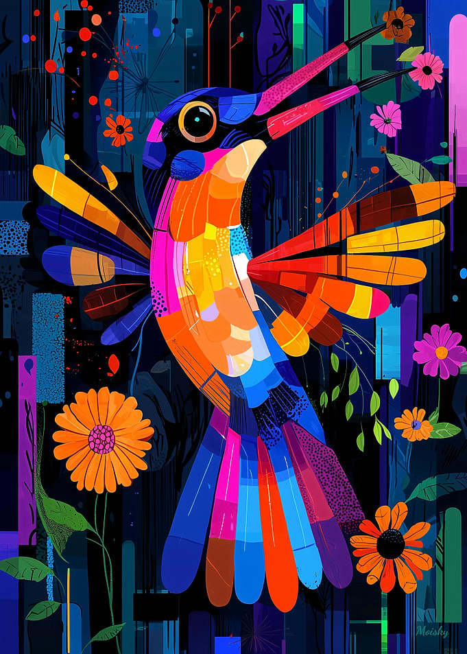 Expressionist Geometry Hummingbird – Vibrant Abstract Nature Art