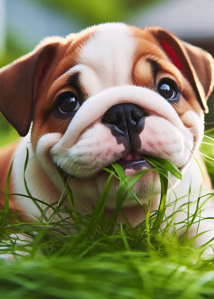 Cute Bulldog Puppy Eating Grass