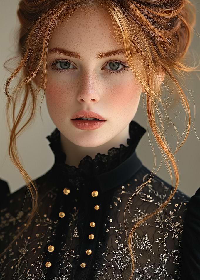 Redhead Woman in Black Lace Blouse