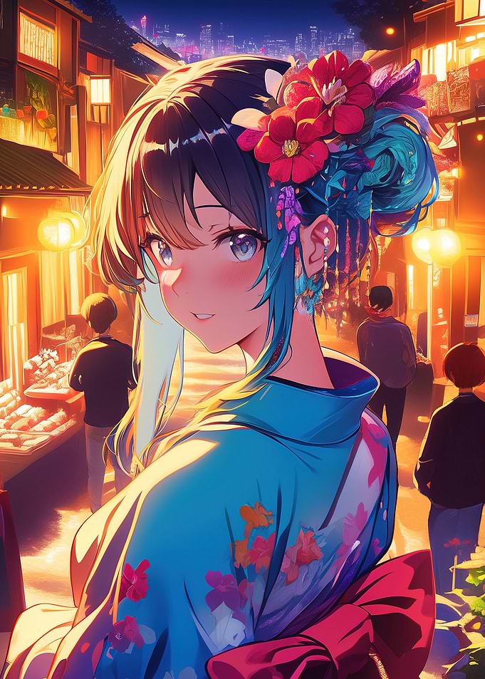 Anime Girl Wearing Kimono in Tokyo Street