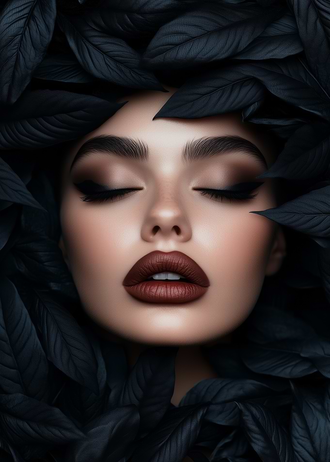 Woman with Dark Makeup and Leaves