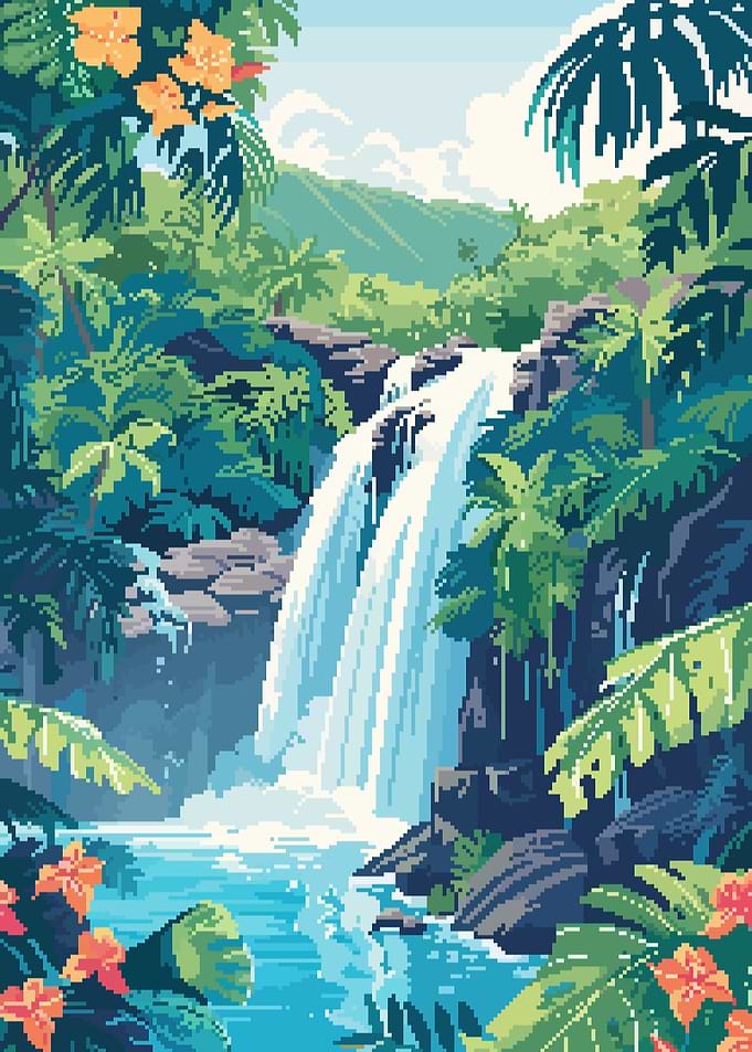 Tropical Waterfall Retro 8bit Pixel Art