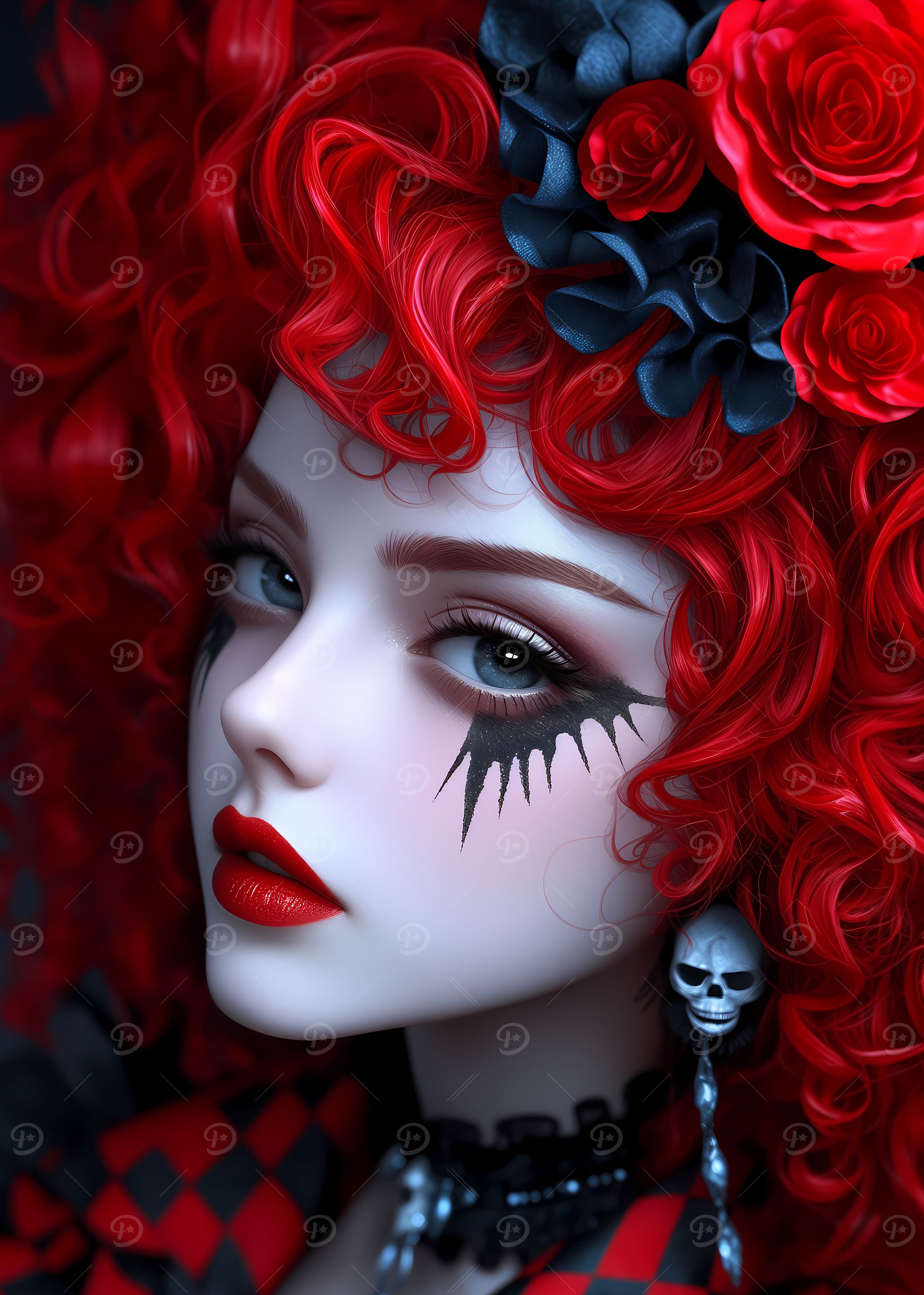 Redhead Doll with Skull Earring Anime Girl Waifu Gaming