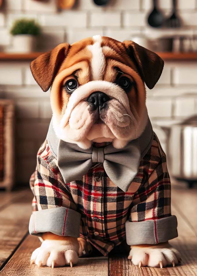 Adorable English Bulldog Puppy in Plaid Shirt